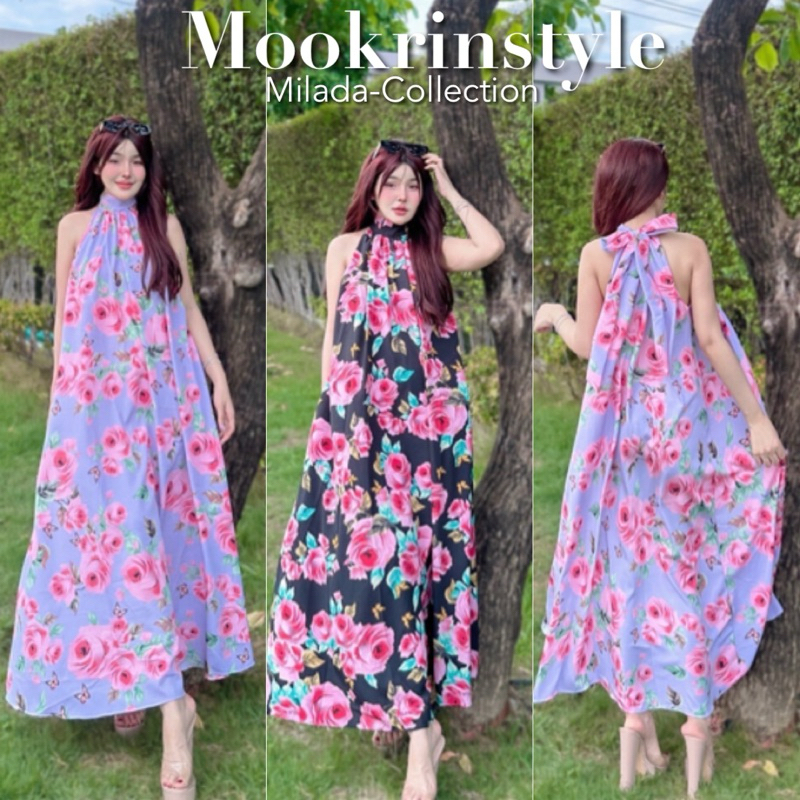 Mookrinstyle•เดรสลายดอก | พร้อมส่ง สดใสสวยงาม ด้วยชุดเดรสผูกโบว์ที่คอ ดีเทลแขนกุด ทรงสวยหรูดูดี Dress summer flowear