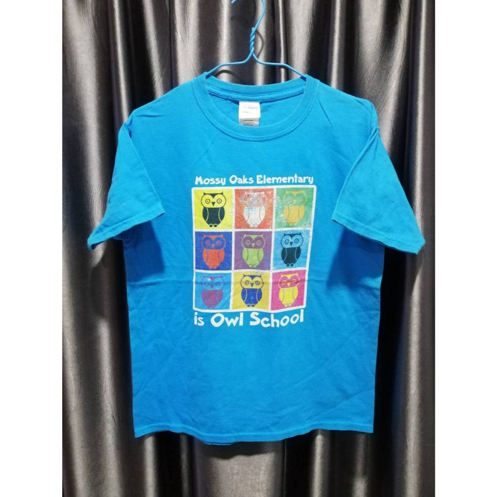 เสื้อยืดวินเทจ สีฟ้า ลาย Mossy Oaks Elementary  รอบอก37นิ้ว ยาว24.5นิ้ว