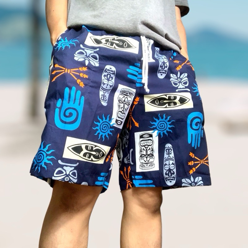 กางเกงขาสั้นเอวยางยืด“ลายหน้ากาก” มีเชือกผูก มีกระเป๋าซ้ายขวา Size L,XL,XXL