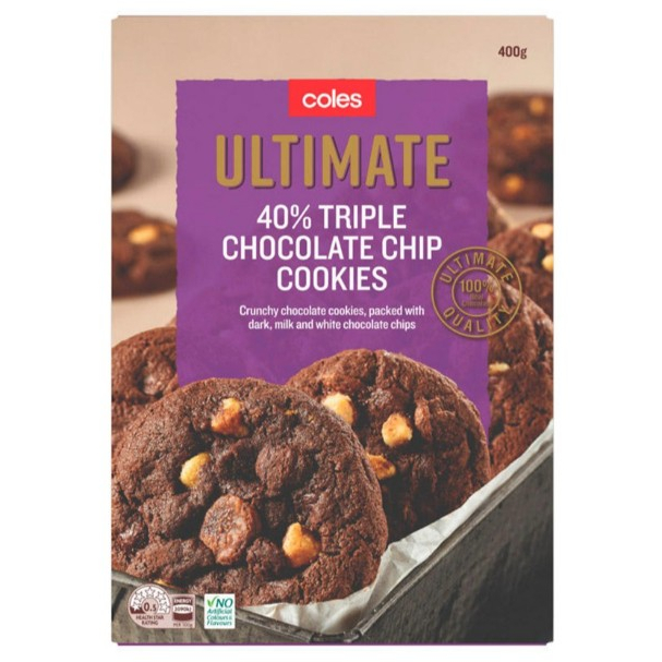 Coles 40% Tripe Chocolate Chip Cookies 375g. โคลส์ คุกกี้ส์ ทริปเปิ้ล ช็อกโกแลต