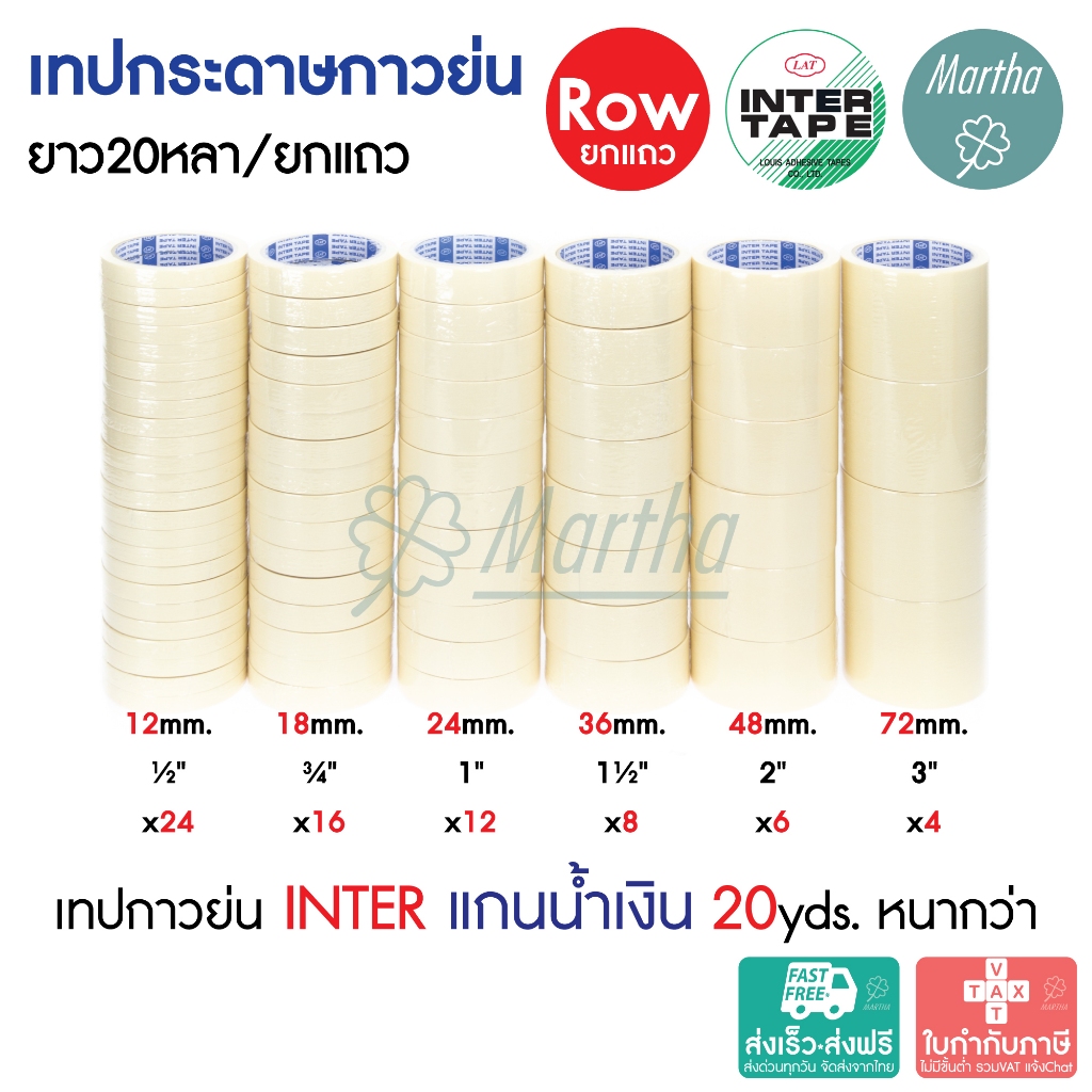 (ยกแถว) เทปย่น 20หลา อินเตอร์เทป แกนน้ำเงิน INTER TAPE เทปกาวย่น กระดาษกาวย่น 1/2 3/4 1 1.5 2 3 นิ้ว