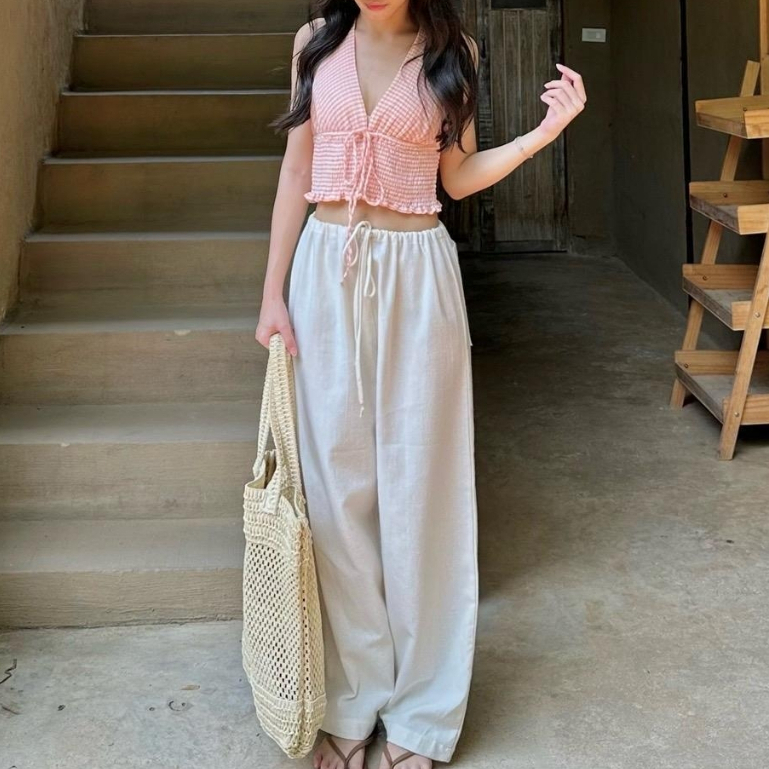 (ส่งฟรี) Simple Pants กางเกงขายาว สีเบจ ผ้าฝ้าย กางเกงชายหาด กางเกงขายาวผู้หญิง - Prosperous.th