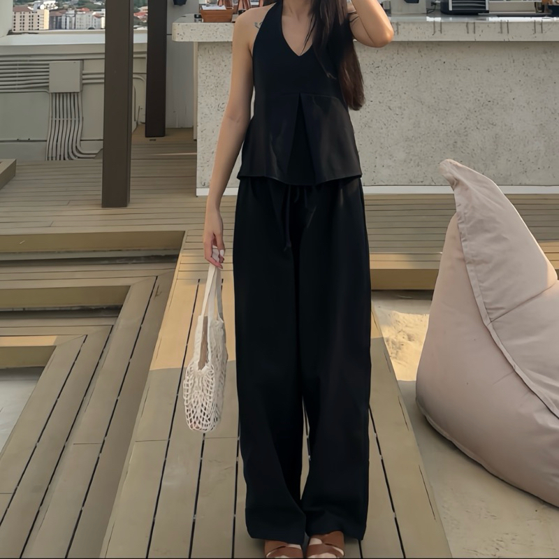 (ส่งฟรี) Simple Pants กางเกงขายาว สีดำ ผ้าฝ้าย กางเกงชายหาด กางเกงขายาวผู้หญิง – Prosperous.th