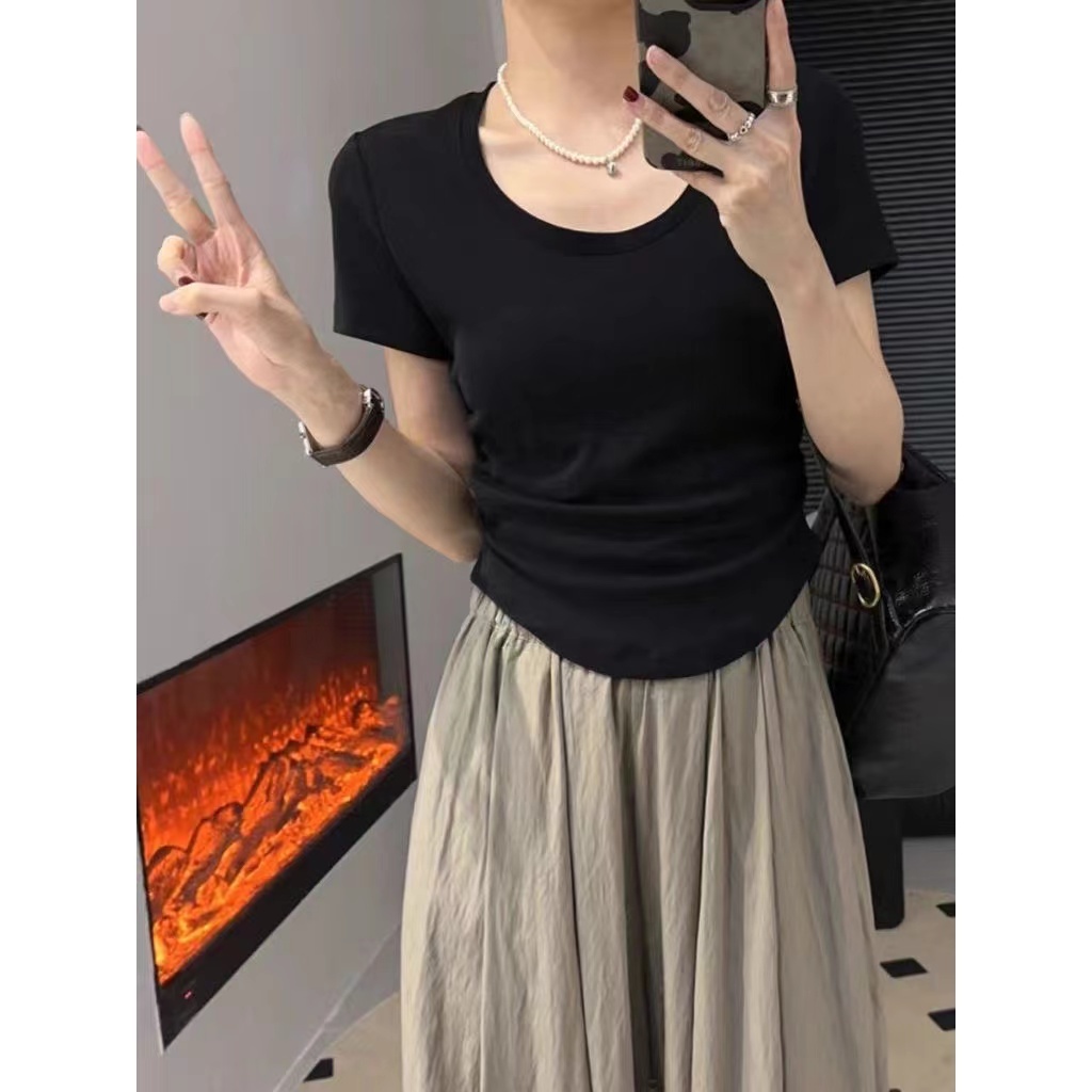 MW125 เสื้อยืดผู้หญิง แต่งจีบย่น สีพื้น สไตล์ลำลอง (หลากสี)(9388) - รูปที่ 3