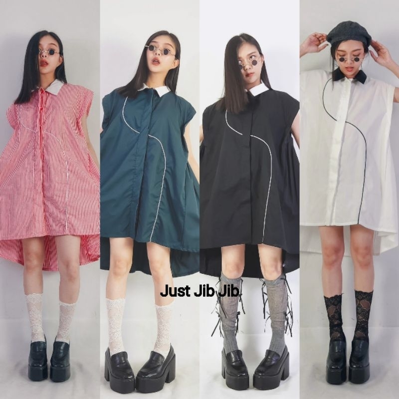 เดรส oversize คอปก แขนกุด หน้าสั้น-หลังยาว แต่งกุ๊นลายเส้นด้านหน้า