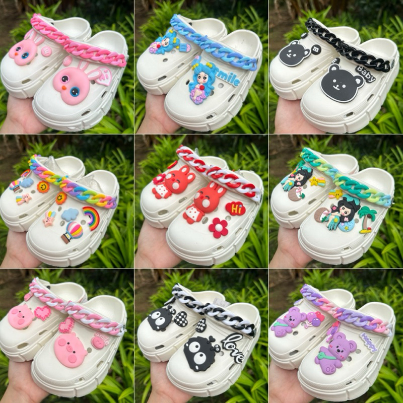 💦พร้อมส่ง💦(มีขนาด 24 ถึง 29) รองเท้าหัวโตเด็ก พื้นสูง 5.5 ซม. ตกแต่งโซ่และการ์ตูนน่ารักๆ รองเท้าแฟชั่นของเด็ก