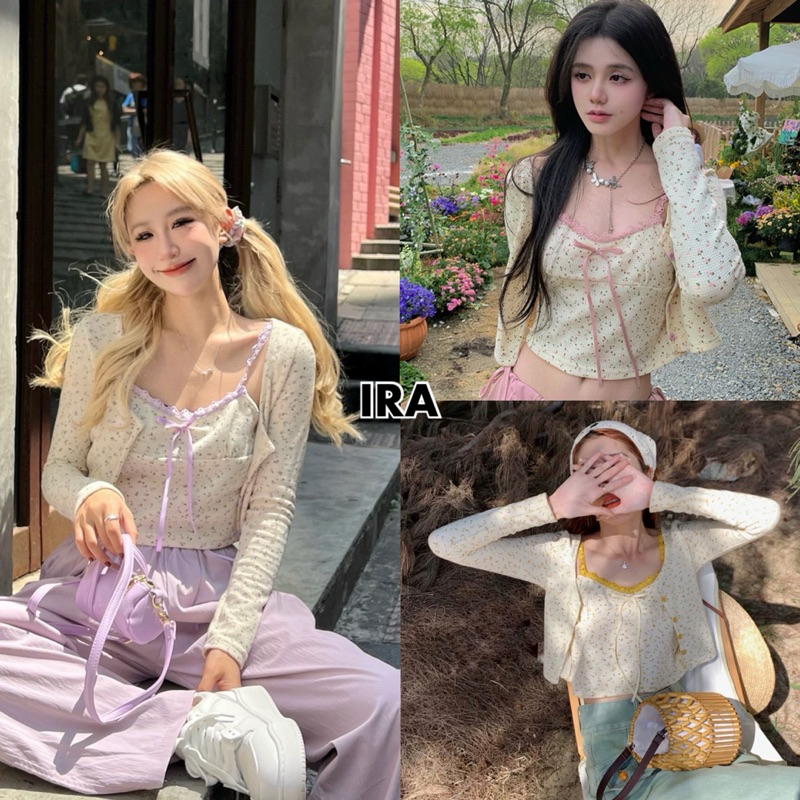 BY IRA rainbow flower(1206)Set 2 ชิ้น เสื้อสายเดี่ยว สายลูกไม้ดีเทลน่ารัก+เสื้อคลุมลายดอกไม้ ใส่เซทคู่กันน่ารักชัวร์จ้า