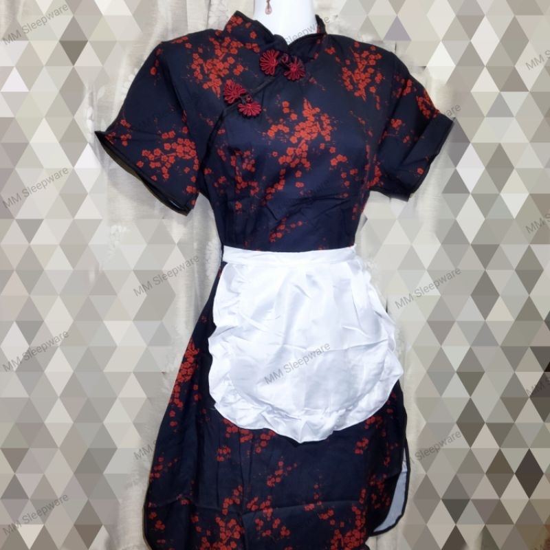 ชุดกี่เพ้า กี่เพ้าสาวใช้ กี่เพ้าลายดอกไม้ กี่เพ้าพร้อมผ้ากันเปื้อน KP-12 - รูปที่ 2