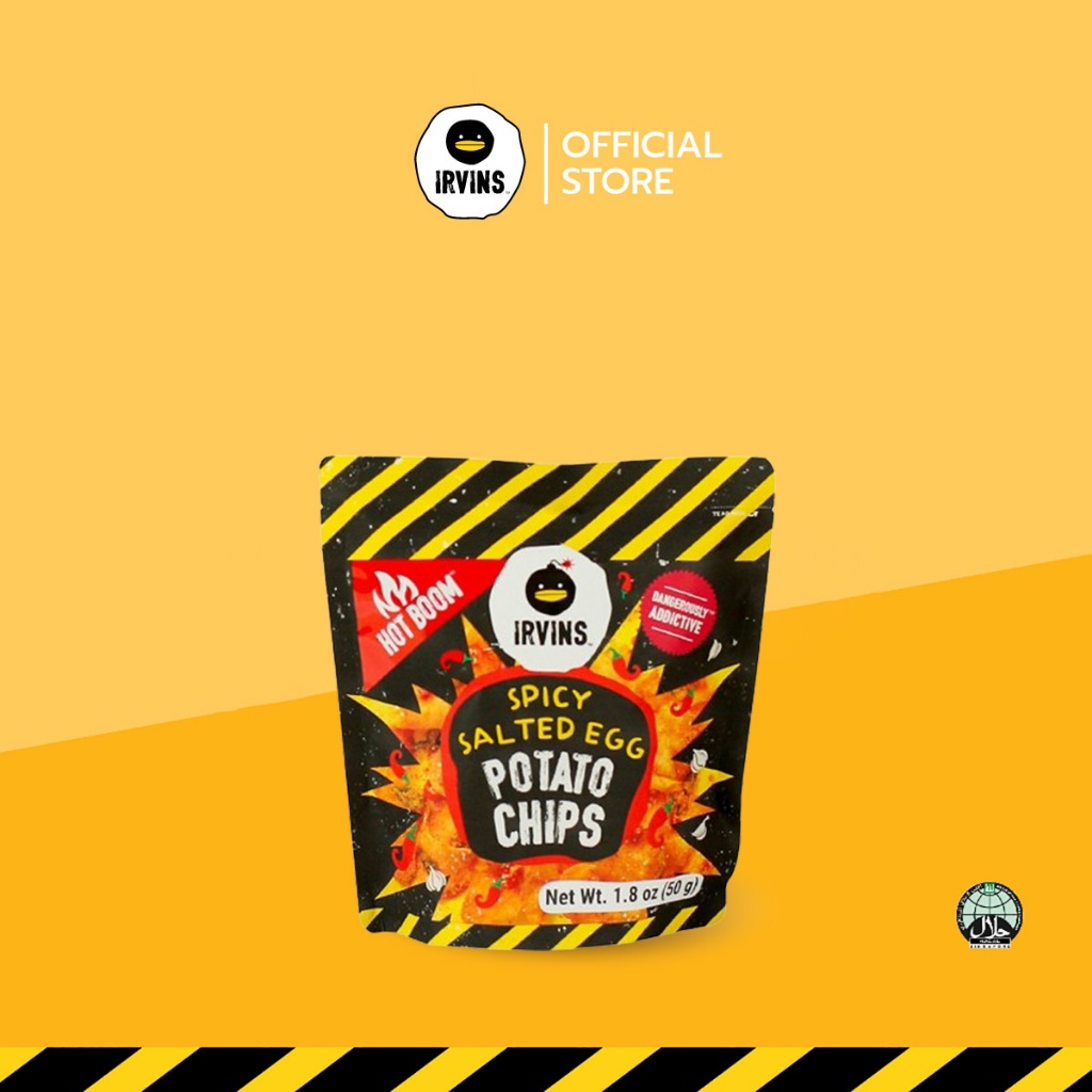 IRVINS มันฝรั่งทอดกรอบเคลือบไข่เค็มรสเผ็ด (Hot Boom Spicy Salted Egg Potato Chips) ขนาด 50 g
