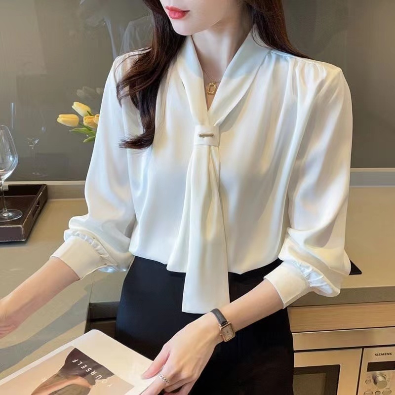 [Sheing office]🌟พร้อมส่ง🌟เสื้อเชิ้ตทำงานแขนยาวผู้หญิงผ้าชีฟองทึบแสงระบายอากาศได้ดีและสะดวกสบาย