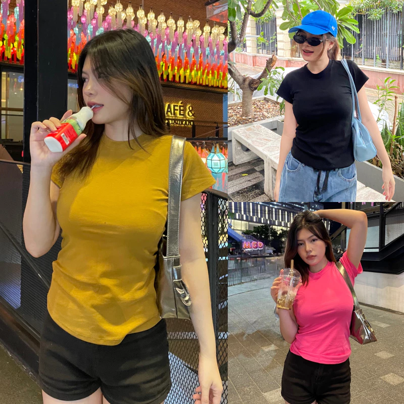 เสื้อยืดรัดรูป คอกลมแขนสั้น ผ้ายืดยูนิ 🍒 สาวอวบใส่ได้ เก็บทรงหุ่นดีมาก พรางหุ่น เสื้อเบบี้ที เบสิคลุค กิมจิ