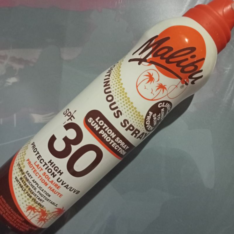 Malibu Luminous Spray Lotion sunscreen Protection SPF6 UVA UVB Lait solaire Vitamin E Shea butter อา