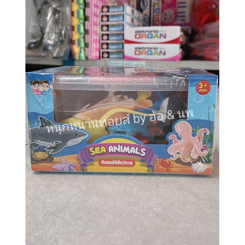 โมเดลหีบสมบัติสัตว์ทะเล มี ปลาฉลาม ปลาดาว ปลากระเบน เต่าทะเล กุ้งมังกร ปู ปลาหมึก ม้าน้ำ แมวน้ำ นกเพนกวิน ของเล่นเด็ก
