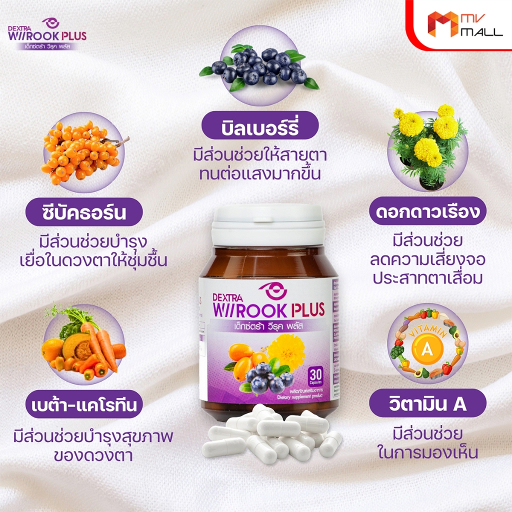 [3 กระปุก] เด็กซ์ตร้า วีรุค พลัส (DEXTRA Wiirook Plus) อาหารเสริมบำรุงสายตา ป้องกันแสงแดด แสงสีฟ้า แถมฟรี แว่นตากรองแสง