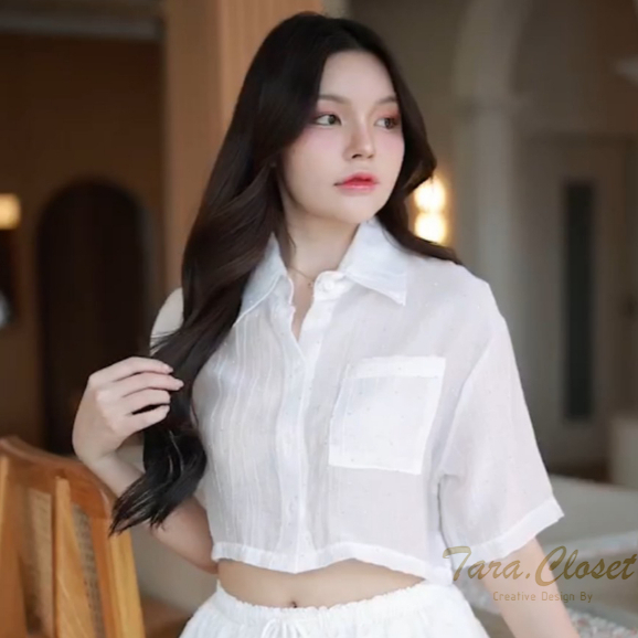 MR013 TARA Shirt Crop เสื้อเชิ้ต ครอป แขนสั้น กระดุมหน้า มีกระเป๋าหน้า เนื้อผ้าเปลือกไม้ติดเพชร ผ้าดี ไม่ต้องรีด ใส่สบาย - รูปที่ 2