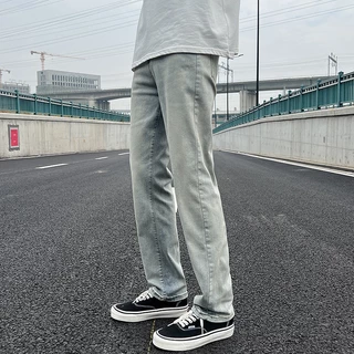 beerbroth-กางเกงยีนส์ผู้ชาย ยีนส์ทรงกระบอกเล็ก Straight jeans สีอ่อน สไตล์เกาหลี ทรงวินเทจ