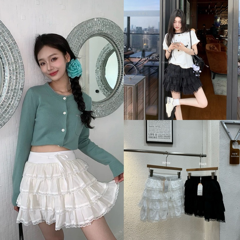Gang_jeans#117(K)New กระโปรงระบาย4ชั้น แต่งขอบลูกไม้ มีเชือกรูดปรับเอวได้ ฟรีไซส์