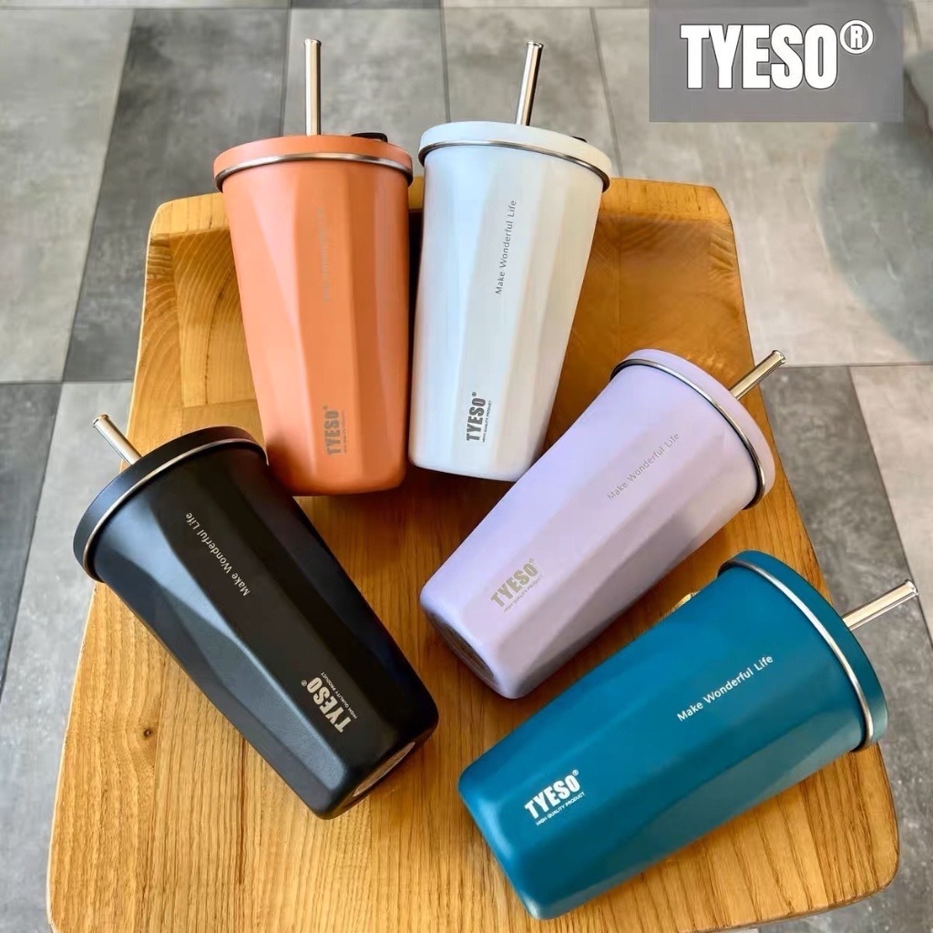 TYESO แก้วกาแฟ แก้วชา แล้วเก็บเก็บความเย็น แก้วเก็บอุณหภูมิร้อน - เย็น พร้อมหลอด แก้วเก็บความเย็นใส่ชา ขนาด 600Ml