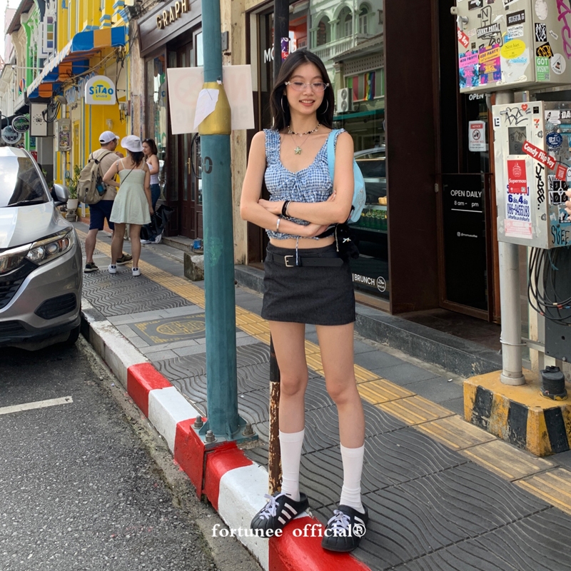 ❣Fortunee ❣กระโปรงสั้นเอวต่ำแบบทรงเอแนบตัว ผ้าทรงยีนส์ สำหรับฤดูร้อน ช่วยให้ดูผอม