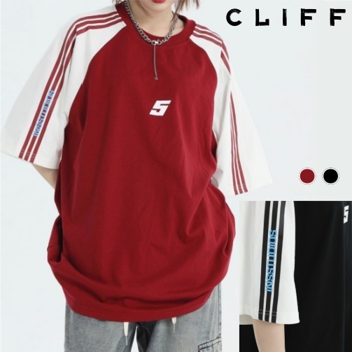 CLIFF เสื้อยืดผู้ชาย สีผสม ลายทาง พิมพ์ลาย เรียบง่าย คอกลมแขนสั้น สไตล์อเมริกัน ชุดคู่รัก