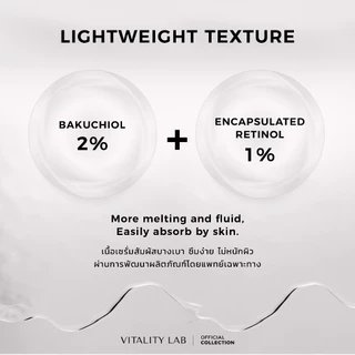 Bakuchiol 2% + Encapsulated Retinol Complex 1% เรตินอลเซรั่มจากธรรมชาติสำหรับคนที่มีปัญหาริ้วรอยและร่องลึก VITALITY LAB