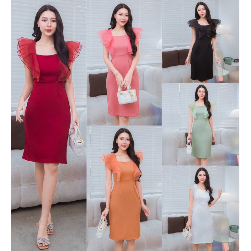 [ลด 20% กรอกโค้ด INC694OD] 167 เดรสคอเหลี่ยมต่อระบายแขนสองชั้น (ผ้าเทพรียา)