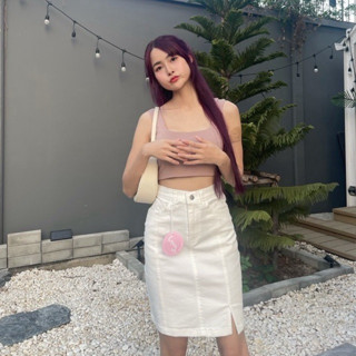 กระโปรงสั้นเสมอหัวเข่าความยาว 20 นิ้วทรงเอผ่าข้างเนื้อผ้ายีน…