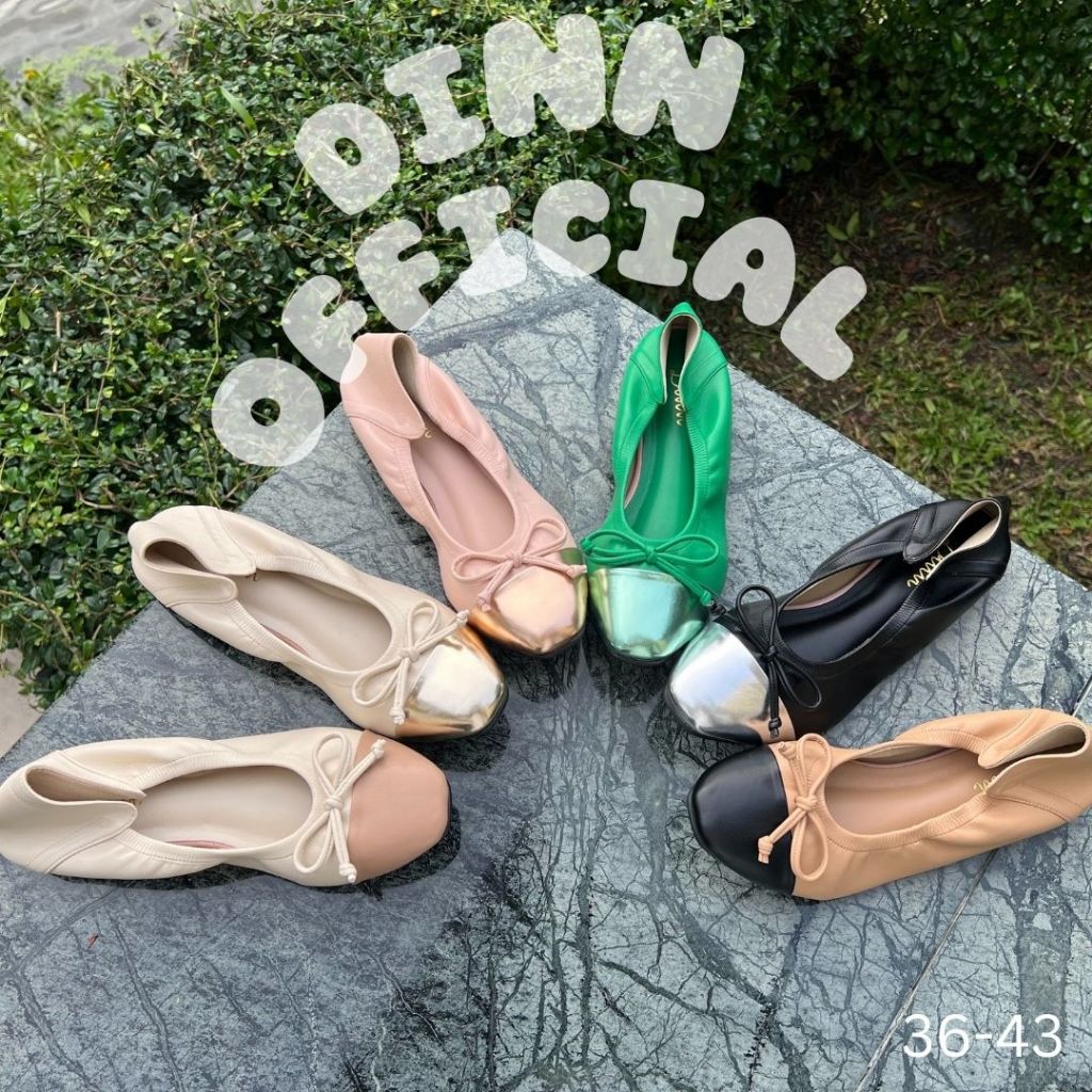 DINN คัชชูต่อหัว คัชชูส้นเตี้ย รองเท้าแฟลต บัลเล่ต์ นิ่มไม่บาดเท้า ซับหนา