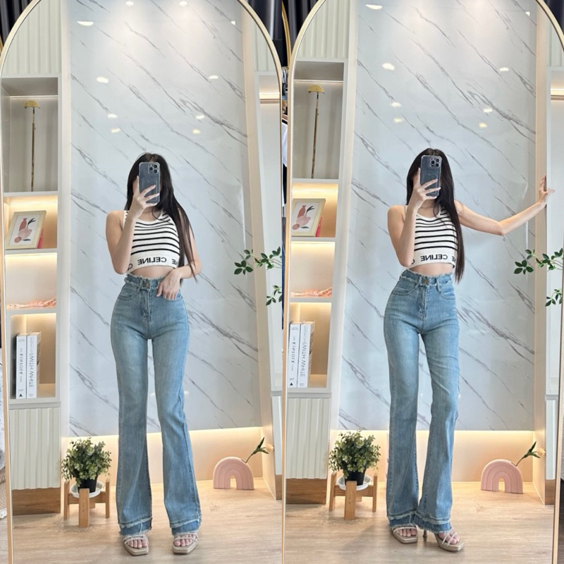 กางเกงยีนส์ขาม้าเล็ก สียีนส์เฟด B432 ผ้ายืดเอวสูง *ยีนส์ผ้าบางใส่สบาย