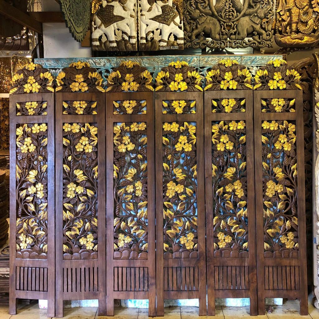 (ขนาดใหญ่) ฉากไม้สัก สูง 180 ซม. รูปช้างแกะสลัก ประตูไม้สัก กว้างยืดสุด 210 ซม. 6 พับ ฉลุ 2 ด้าน Wooden Carved Elephant - รูปที่ 3