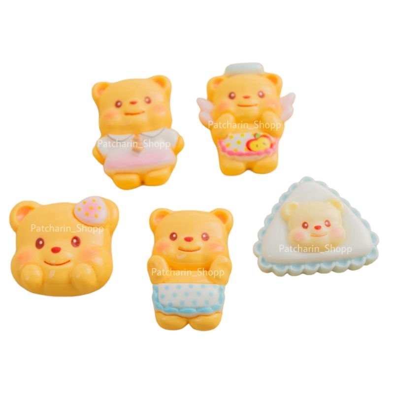 เรซิ่นหมีเนย Set5ชิ้น เรซิ่นเคลือบเงา ตัวติดวิปครีมปลอม อุปกรณ์ตกแต่งเคสโทรศัพท์ เรซิ่นDIY หมีเหลืองลิซ่า