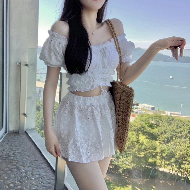 ชุดว่ายน้ำผู้หญิง ทูพีช กระโปรง เอวสูง เกาะอก ผ้าแห้งเร็ว thumbnail 4