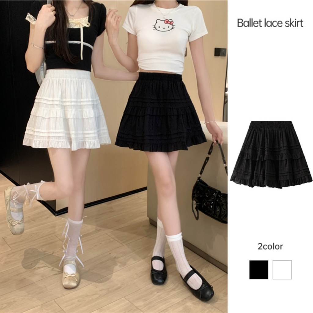 พร้อมส่ง กระโปรงผู้หญิง มีระบายหลายชั้น สีพื้น สไตล์ลำลอง LIVE