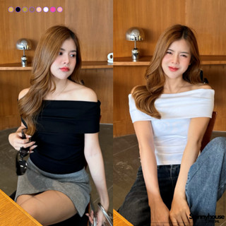 🌈SpinnyHouse🌈เสื้อปาดไหล่ แต่งย่นข้าง ผ้ายูนิโค่ 🔔 ใส่ออกงาน…