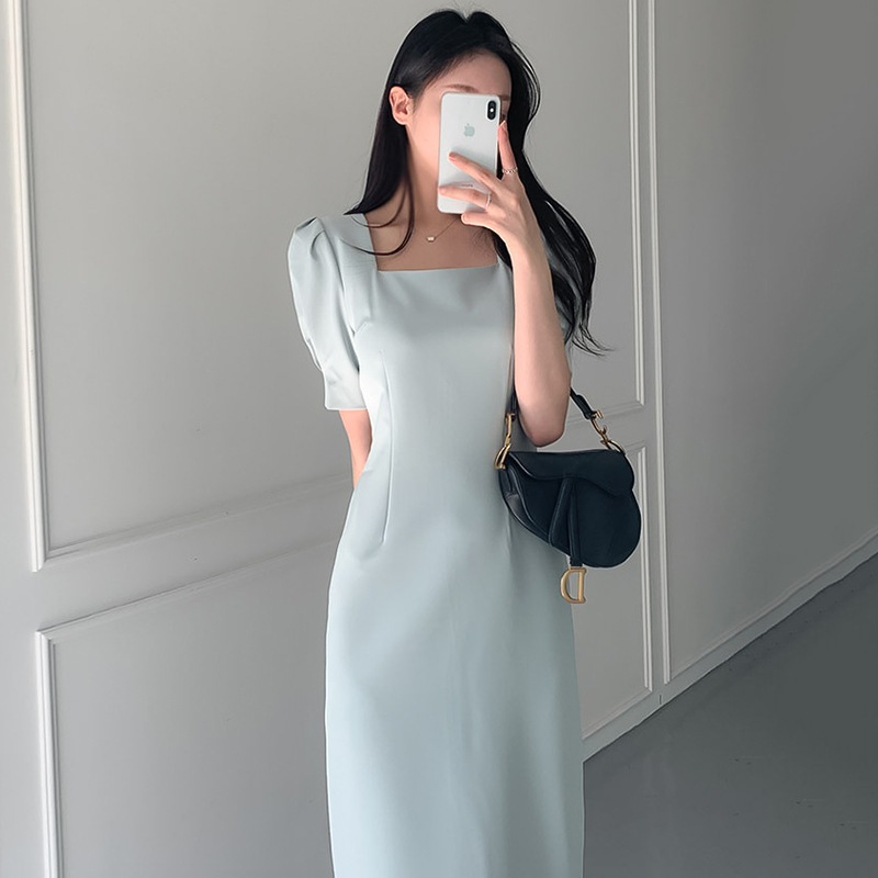 【ใหม่】 3 สี เดรสมีแขน เรียบหรู เดรสยาวผ่าหลัง ใส่ทำงาน ใส่ไปงานได้ เดรสสีพื้น เรียบหรู ยาว ทรงเอ คอเหลี่ยม