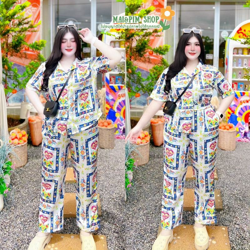 ชุดเซ็ตฮาวายสาวอวบอ้วน ผ้าไหมอิตาลี่พิมพ์ลายดิจิตอล อก50