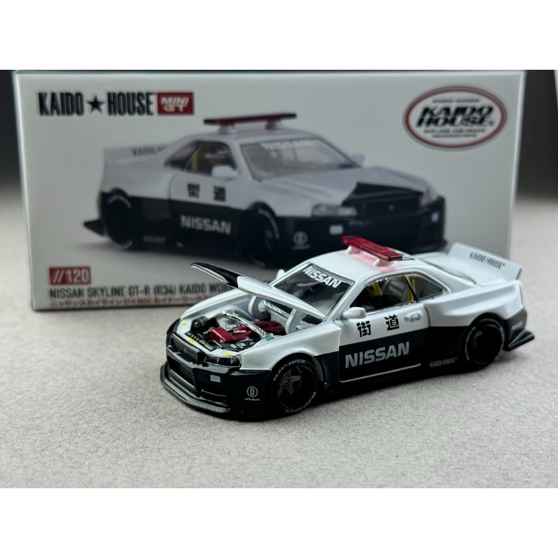 🔹Nissan Skyline GTR R34 Kaido Works V2 AERO Japan Police #120 Scale 1:64 ยี่ห้อ Minigt