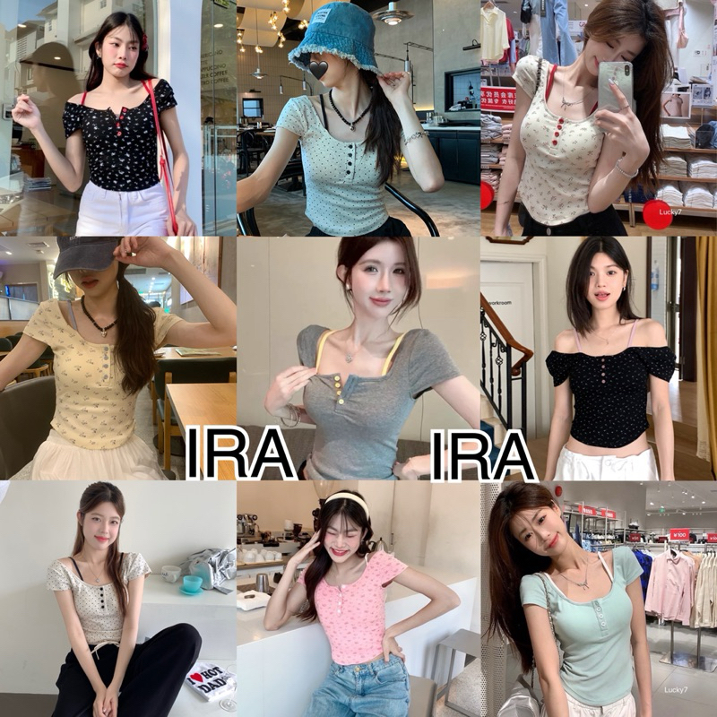 BY IRA (1075-1)💐พร้อมส่ง💐Josie top เสื้อยืดแขนสั้น ดีเทลแต่งสองชิ้น มีฟองน้ำในตัว ว้าวหลัง ผ้านิ่มใส่สบาย