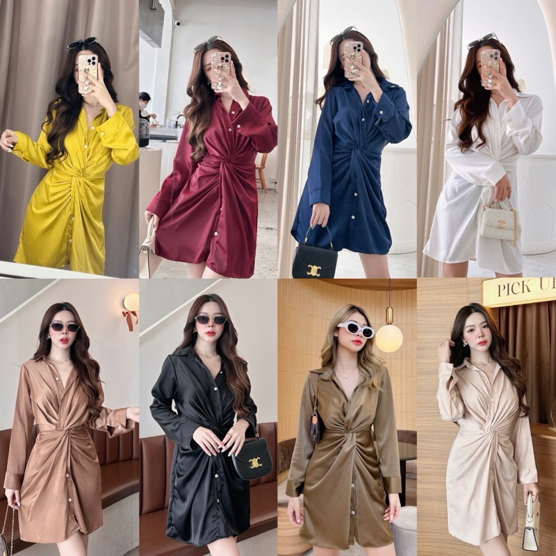 เดรสเชิ้ตแขนยาว คอปก ดีเทลช่วงเอว บิดเกลียว ผ้าเงา หรูหราไฮโซ #SHN