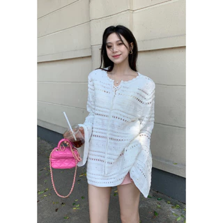 Cicishop (ZH678) เสื้อคอวีแขนยาวเนื้อผ้าไหมพรมถักดีเทลแต่งเชือกไขว้ด้านหน้าสลับกัน สไตล์ฝรั่งเศส