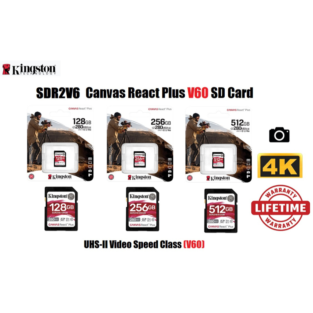 Kingston Canvas React Plus V60 SD CARD (SDR2V6) สำหรับกล้อง UHS-II 4K ระดับมืออาชีพ มีให้เลือกขนาด 128GB 256GB 512GB