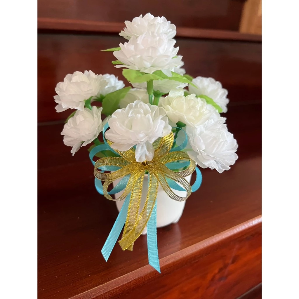 ดอกมะลิ กระถางดอกมะลิสีขาว+กระถางวินเทจ+โบว์+ฟรีการ์ด พร้อมส่งขนาด 20*10 ซม.