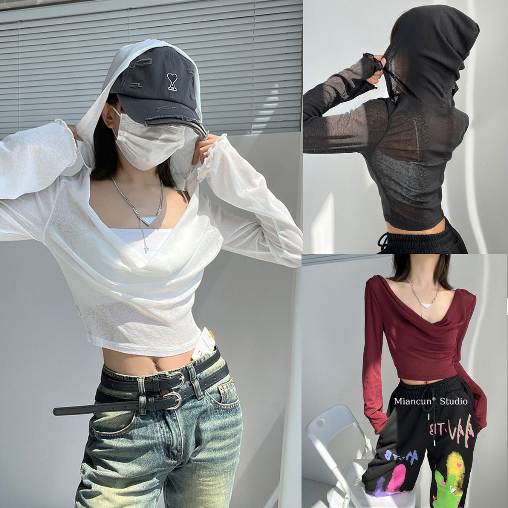 Dahong V078 เสื้อแขนยาวแฟชั่นผู้หญิงเท่ๆ เสื้อครอป กันแดด ผ้ายืด นิ่ม ใส่สบาย