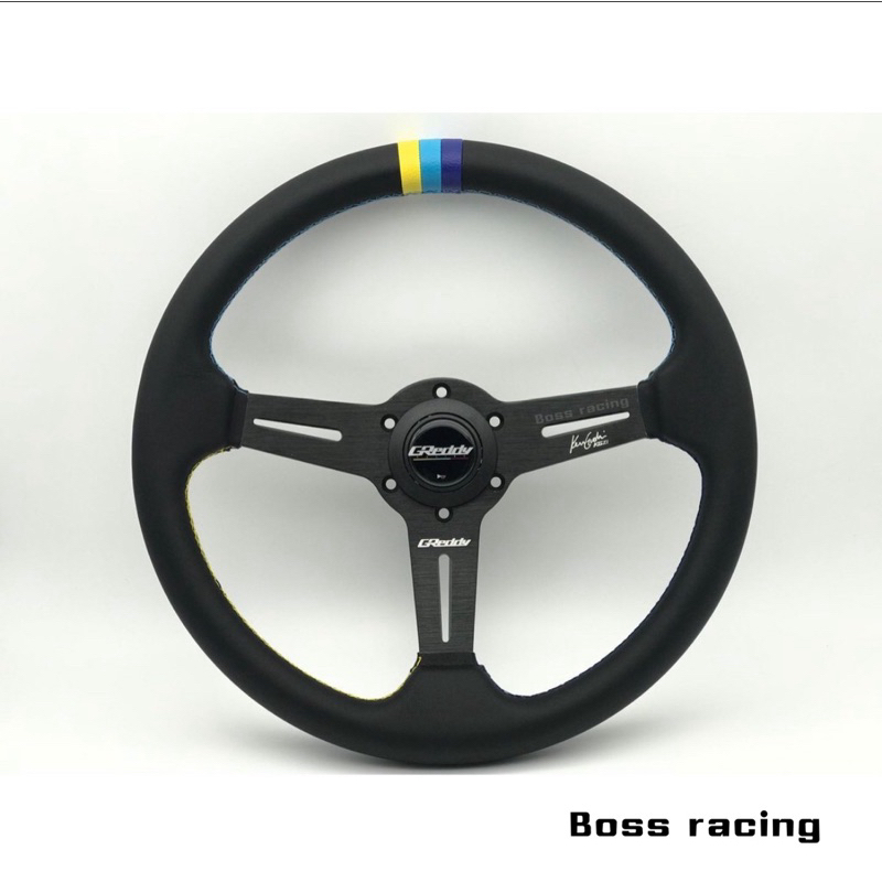 พวงมาลัยรถยนต์  พวงมาลัยรถ  พวงมาลัยรถแต่ง พวงมาลัย greddy  ก้านยกน้อย13.5นิ้ว หนังเรียบ