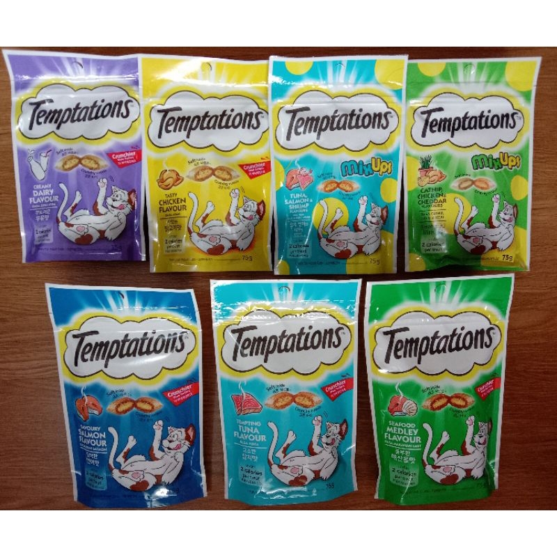**ส่งฟรี พิเศษ 4แถม1 (ทุก4ซอง แถมขนมแมวเลีย1ชิ้น)***เทมเทชั่นส์Temptations75กรัมขนมแมวกรุบกรอบ สอดไส้ครีมของใหม่