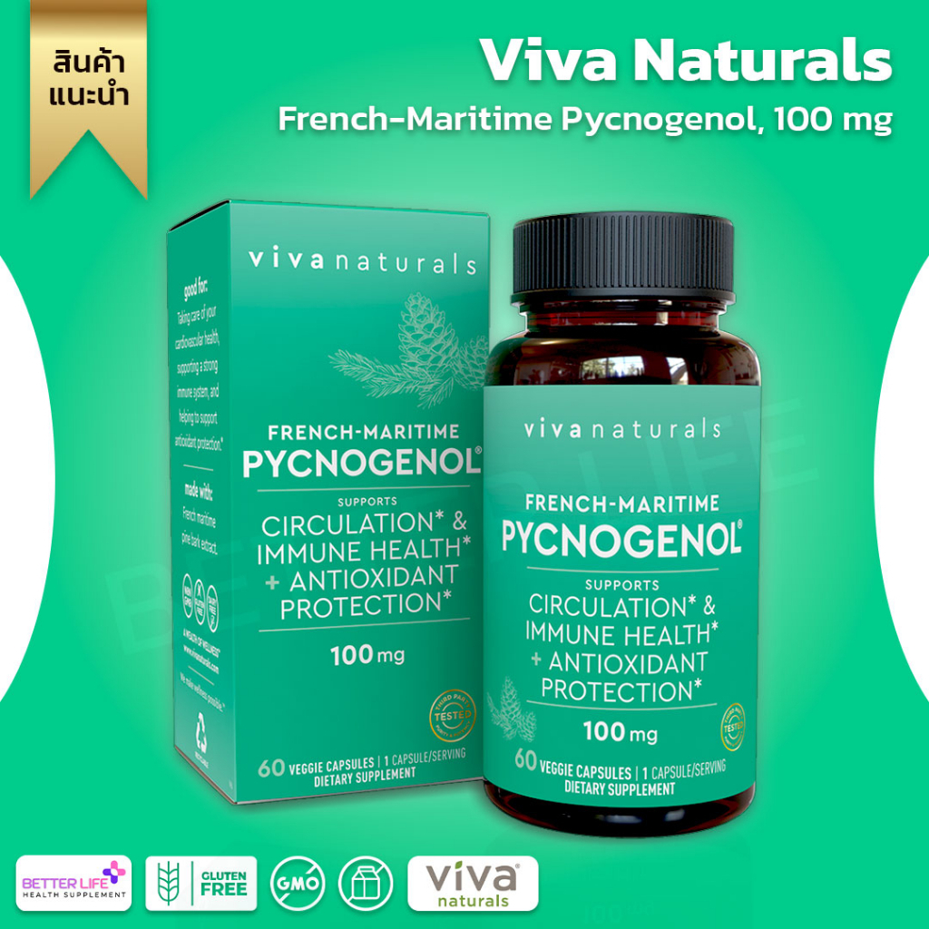 เปลือกสนมาริไทม์ !!! Viva Naturals Pycnogenol 100mg from French Maritime Pine Bark Extract60 Veggie 