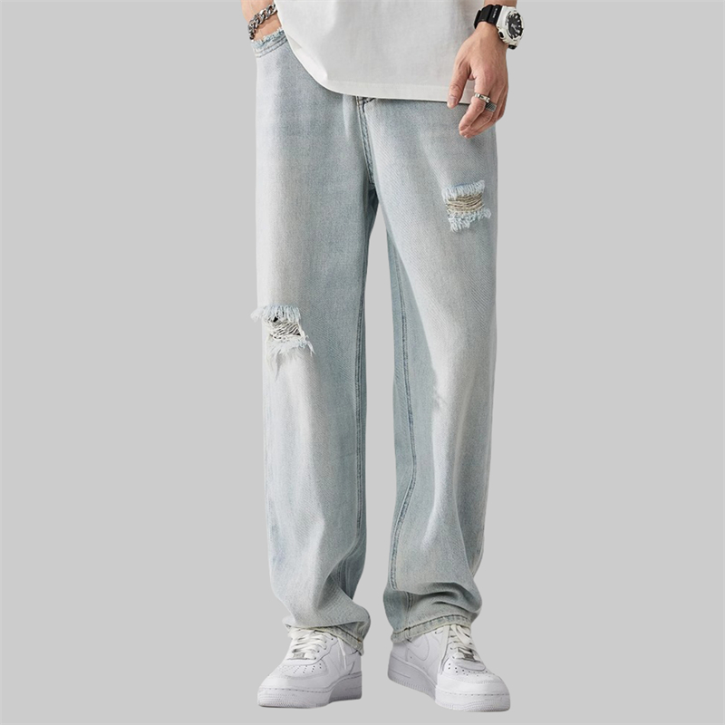 Beaman-X ยีนส์ขากระบอก สไตล์เกาหลี ระบายอากาศดี เนื้อผ้าใส่สบาย 💥พร้อมส่ง💥 เอวยางยืด แฟชั่นเท่ - รูปที่ 7