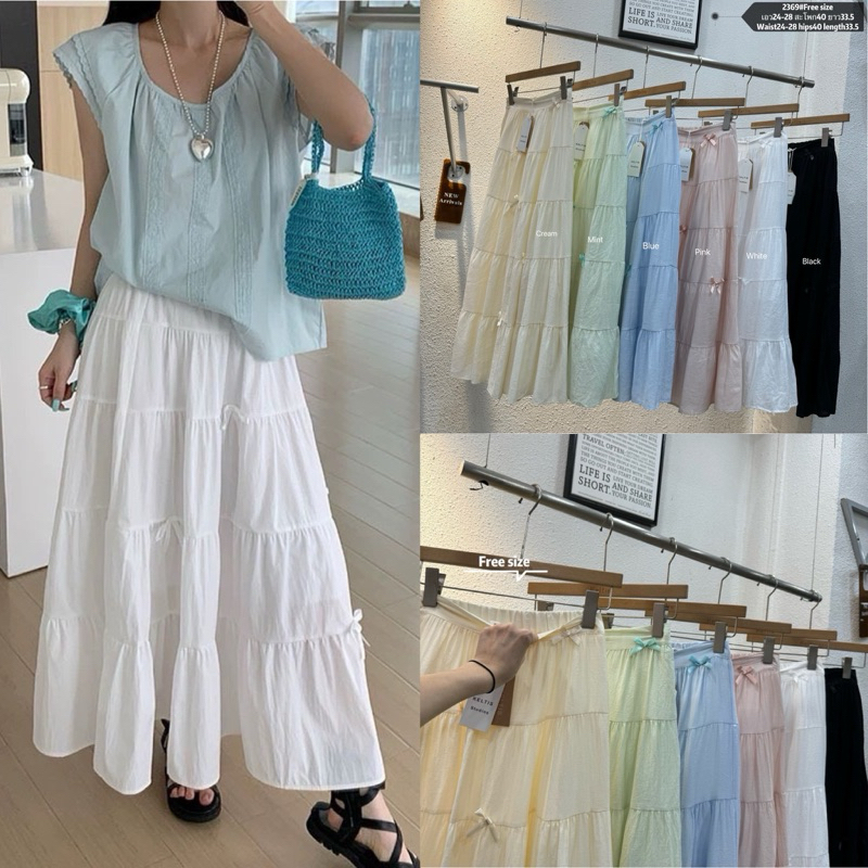 Gang_jeans#2369(K)กระโปรงยาว ระบายชั้นๆ สีพาสเทล ตกแต่งโบว์