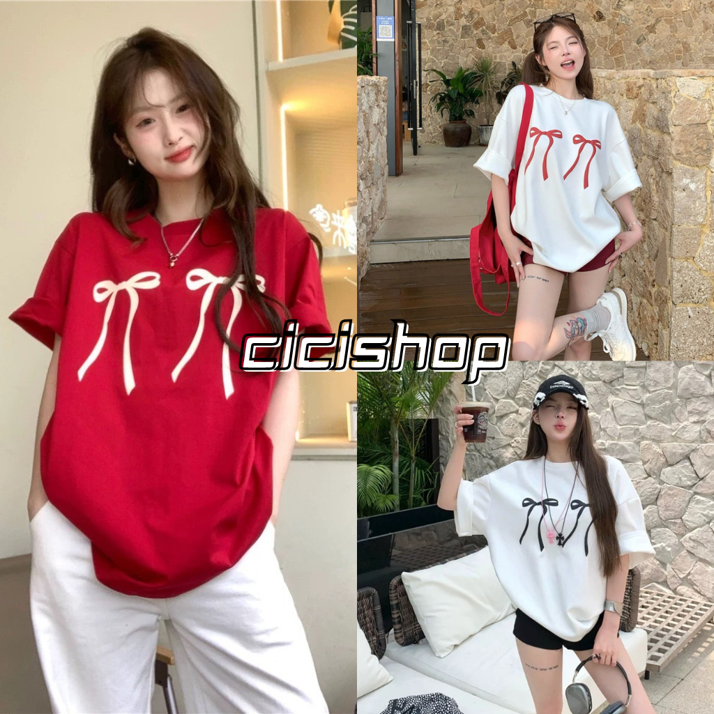 Cicishop(1290) เสื้อยืดOversize ลายโบว์สุดCute คอตตอลหนานุ่มใส่สบาย ผ้าดีม๊ากก สไตล์พส.จีน