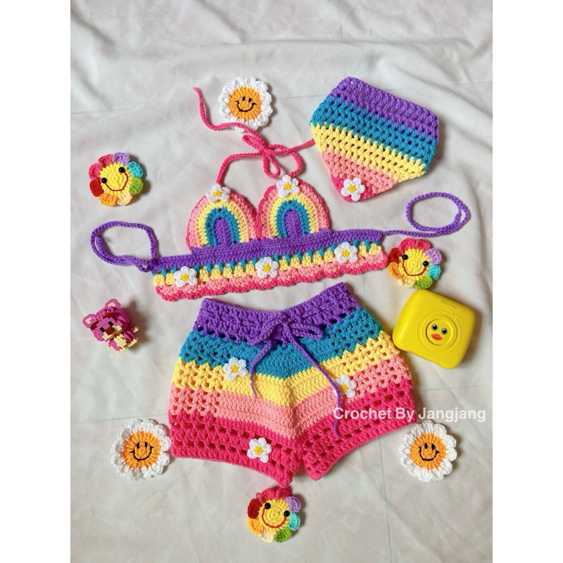 ชุดถักไหมพรมเด็ก 🌈เซ็ทพาสเทล บรา+กางเกง+คาดผม🌈